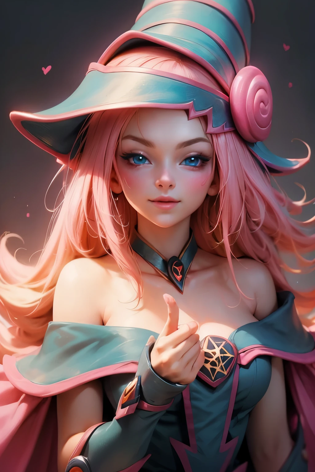 Beautiful face of dark wizard gils., blue eyes. pink lips. long blonde hair. exposed shoulders, angelic smile, beautiful well detailed face of dark wizard gils. blowing a kiss. and winking. She is flirtatious with the viewer.