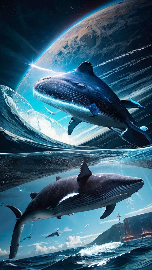 A large whale is flying through space,Submerged City