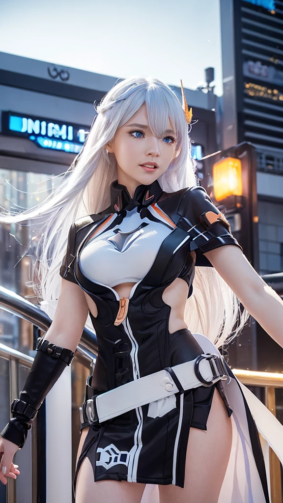 (best quality, ultra-detailed, realistic:1.37), long, flowing white hair, beautiful, sparkling blue eyes, captivating smile, wearing a vibrant black white outfit, intricate details on the clothes, bustling city background with tall buildings and bright lights, a single female figure, Kiana kaslana from game "Honkai Impact 3rd",