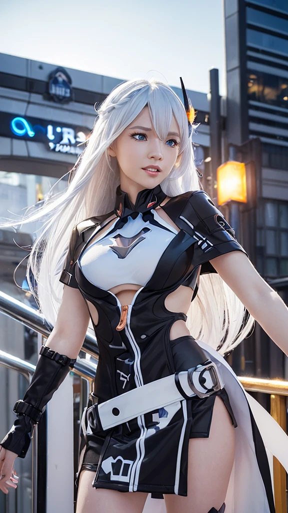 (best quality, ultra-detailed, realistic:1.37), long, flowing white hair, beautiful, sparkling blue eyes, captivating smile, wearing a vibrant black white outfit, intricate details on the clothes, bustling city background with tall buildings and bright lights, a single female figure, Kiana kaslana from game "Honkai Impact 3rd",