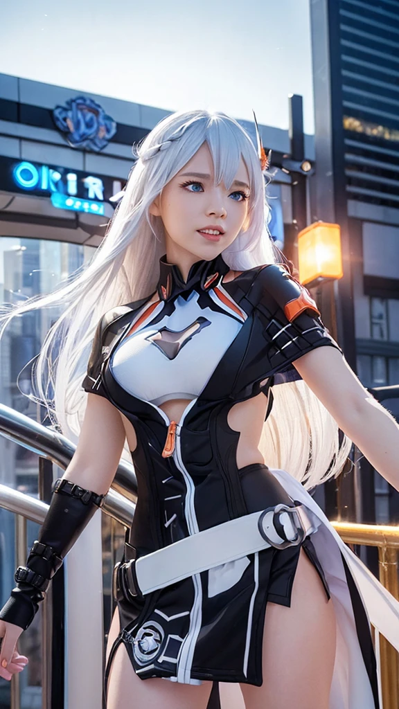 (best quality, ultra-detailed, realistic:1.37), long, flowing white hair, beautiful, sparkling blue eyes, captivating smile, wearing a vibrant black white outfit, intricate details on the clothes, bustling city background with tall buildings and bright lights, a single female figure, Kiana kaslana from game "Honkai Impact 3rd",