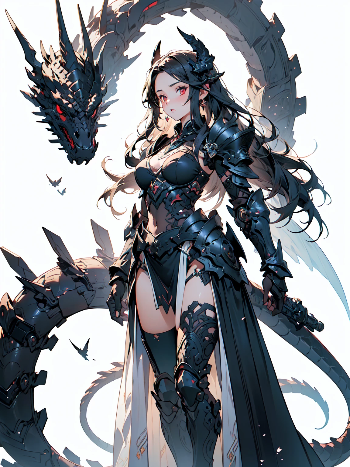 (((masterpiece, best quality, high detailed, 8k))) A breathtakingly beautiful warrior with long, flowing black hair and intense red eyes, wearing a magnificent intricate (black dragon+armor). The armor parts should be likedragon parts.