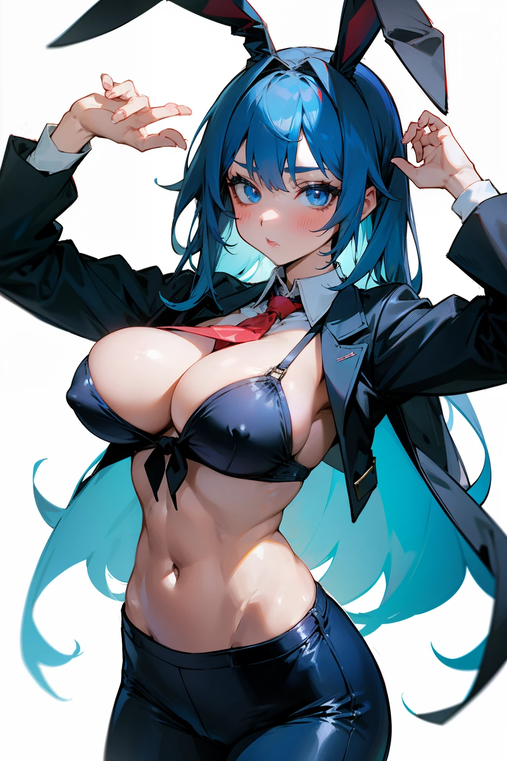 Cute girl, blue hair, blue eyes, black bunny ears, red tie, black bra, big breasts, exposed stomach, tight blue pants