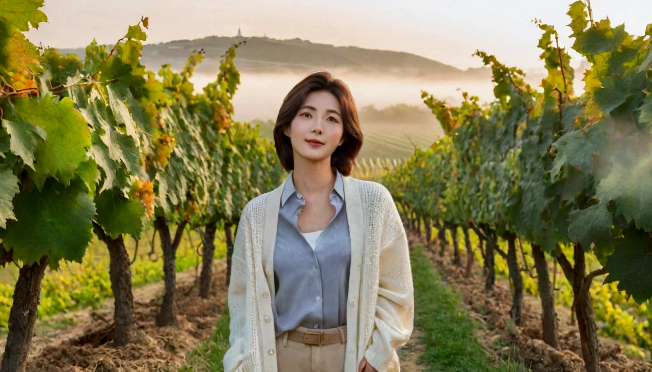 best quality, In 8K, 32K, Photo of a beautiful 36-year-old Korean woman, short medium hair, Inspired by Son Ye-jin, whole body, face focus, Shirt that goes up to the neck and a short cardigan from a luxury brand, beige casual pants, Italian countryside vineyard background, Ranged、make a happy face, 새벽 진한 한개속 The cathedral is visible in the distance, There is thick fog, path, looking up the side, Wear a shirt that covers your chest, The cathedral is visible in the distance, Photo of endless vineyard scenery, look up the side. thick dawn fog, Well-groomed hair, Photo of an elegant and modest woman, Endless vineyards, Vivid picture quality, Clear picture quality, The cathedral is visible in the distance. 언덕 위 path, 1 woman, colonnade가 있는 휘어진 path 언덕에서 바라본다. colonnade
