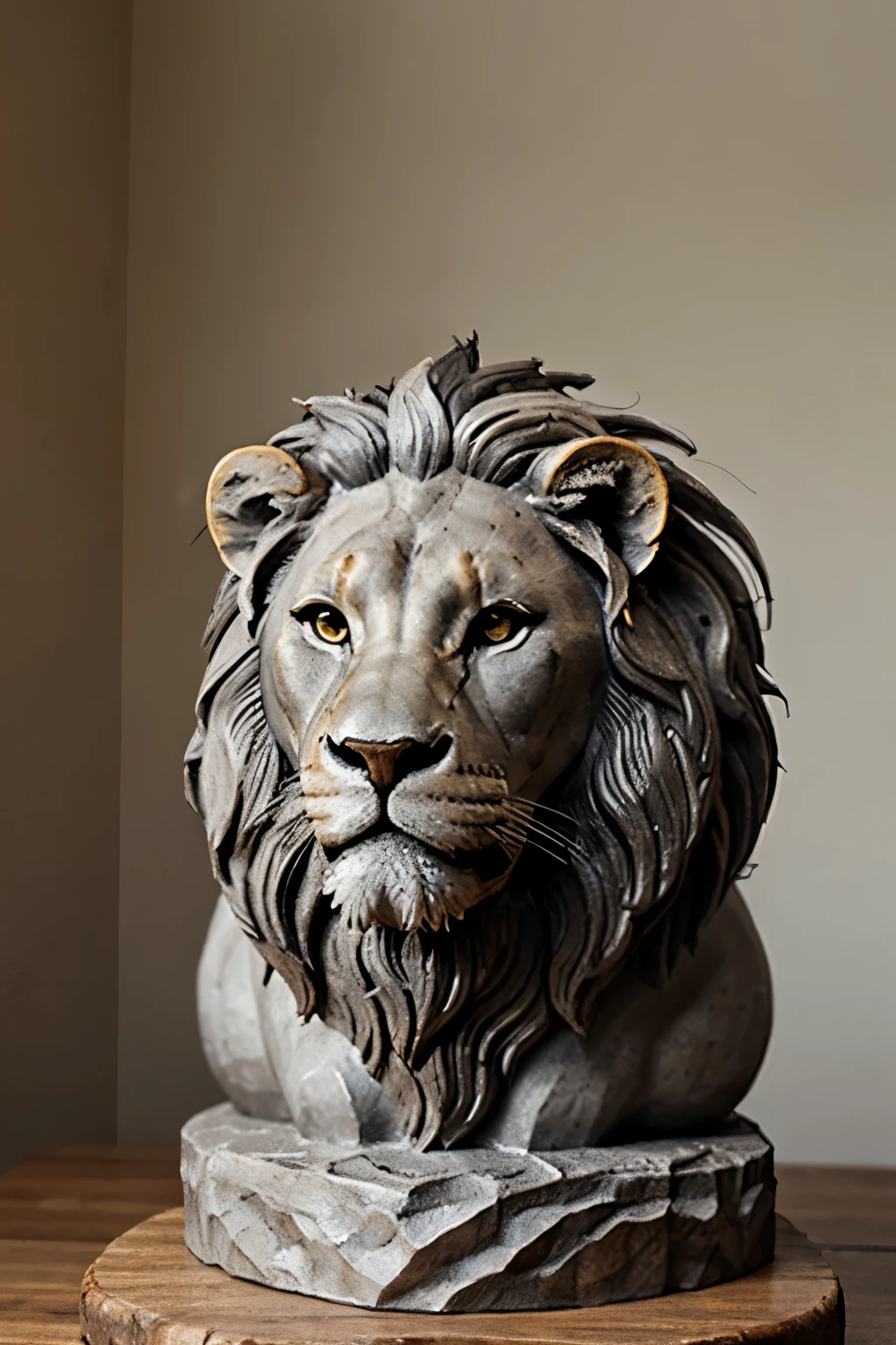 Make a lion looking forward, make it like a realistic sculpture, in gray