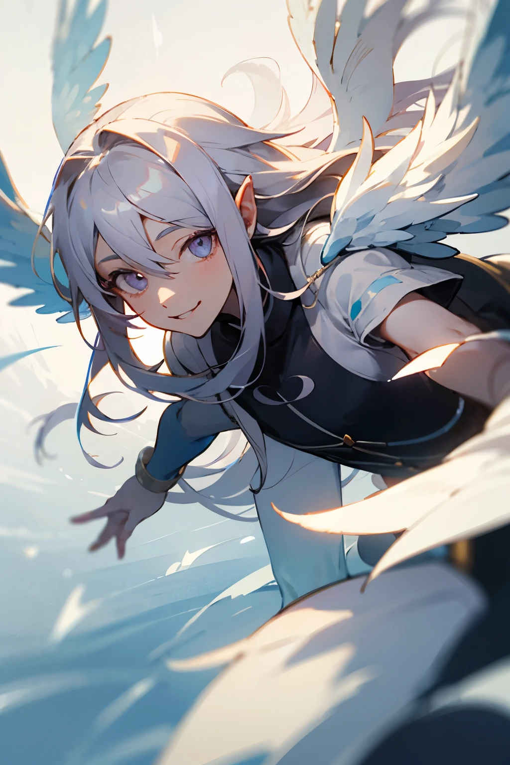 Male, long hair, wings below ears, Pruple eyes, silver hair, smilling sweetly, light