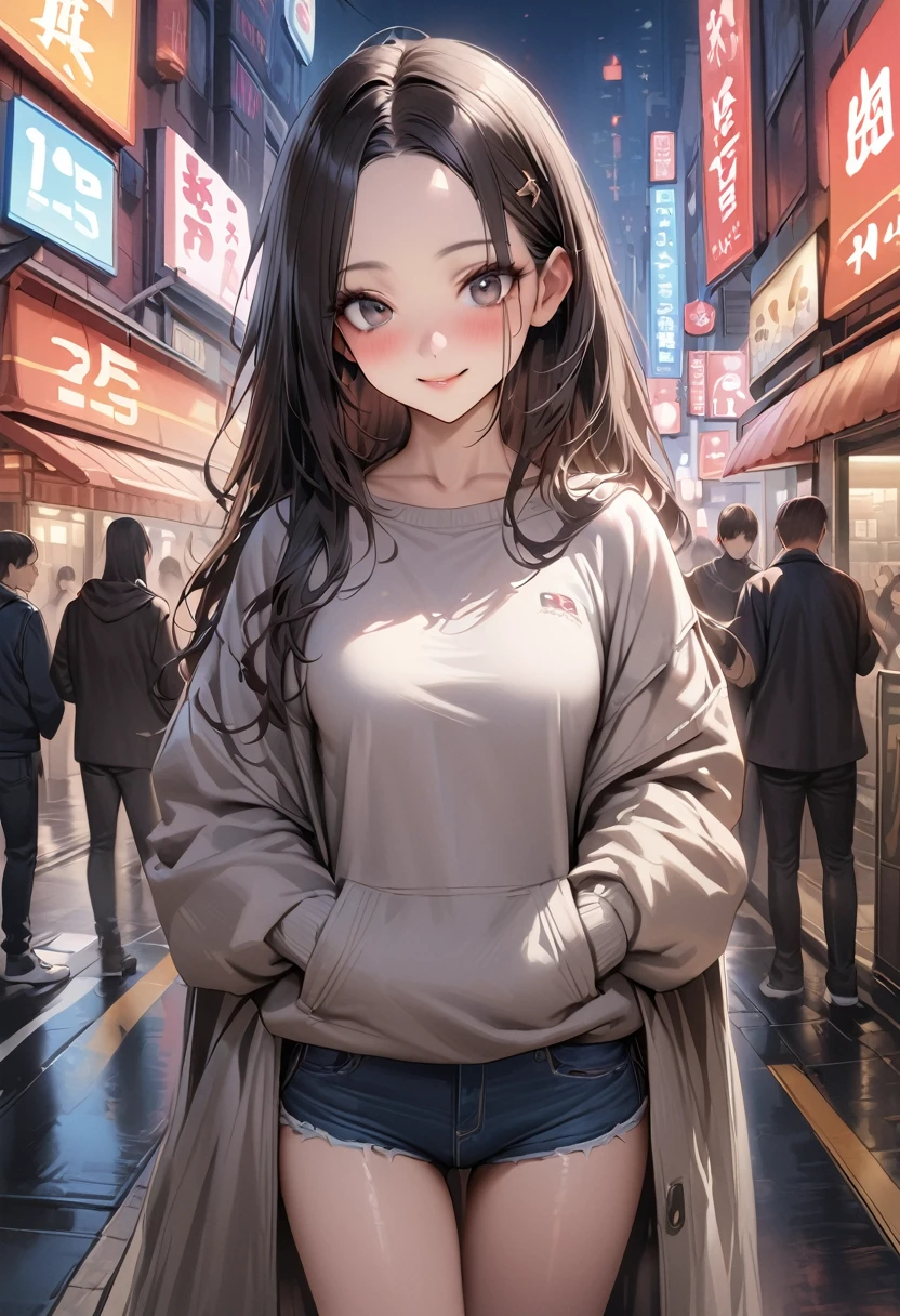 ((masterpiece,Highest quality:1.3,best quality illustration)),realistic,cowboy shot,独奏,1woman,(25 year old beauty),((very small head:1.4)),black hair,long hair,forehead,center parted bangs,black eyes,gorgeous big eyes,blush,smile,((very long body,skinny)),medium breasts,gleaming skin,slender body,skinny,(oversized gray sweatshirt)、Denim Microshorts、standing,on street,Shinjuku、Tokyo、