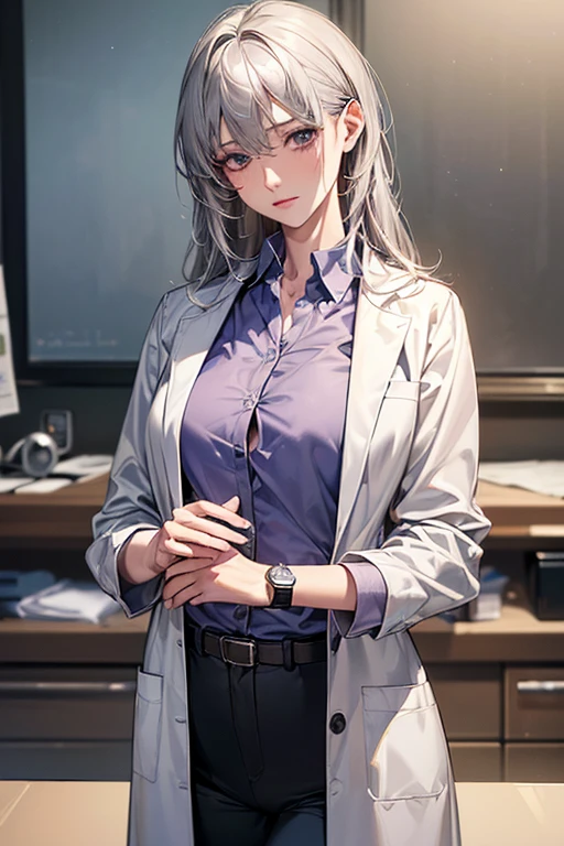 ((Highest quality)),(超High resolution),(Very detailed),(Detailed Description),((The best CG)),(masterpiece),Ultra-detailed art、(Highest quality、8k、32K、masterpiece)、(Realistic)、(Realistic:1.2)、(High resolution)、Very detailed、Very beautiful face and eyes、1 female、((Gray Hair))、Tight waist、Delicate body、(Highest quality、Attention to detail、Rich skin detail)、(Highest quality、8k、Oil paints:1.2)、Very detailed、(Realistic、Realistic:1.37)、Bright colors、((Pale blue tight fitting lab coat、Smart collar、Hidden snap buttons at cuffs、A pastel colored blouse underneath))、(Silver high sensitivity stethoscope、Smart Watches)、((A doctor carefully listens to a patient&#39;s heartbeat with a stethoscope。The room is equipped with advanced medical equipment and displays showing patient data.、The environment is clean and bright、It&#39;s a professional atmosphere))。