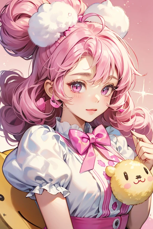 Nana Puffs is a banana cotton candy puff bear Num with a slanted wink expression. The cotton candy makes her ears. She has a curly point adorned with a magenta bow SPARKLE; GLITTER