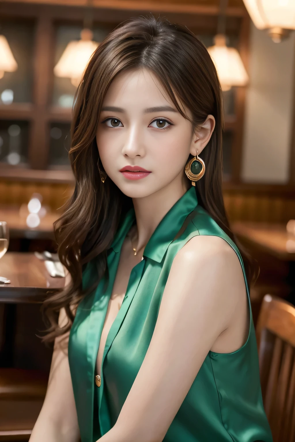 masterpiece, Highest quality, Realistic, Very detailed, Finer details, High resolution, 8k wallpaper, One beautiful woman, Wear a colorful silk shirt, In a great restaurant, At night, Light brown messy hair, Perfect dynamic composition, Beautiful and beautiful eyes、Big earrings、chest、Sleeveless shirt、