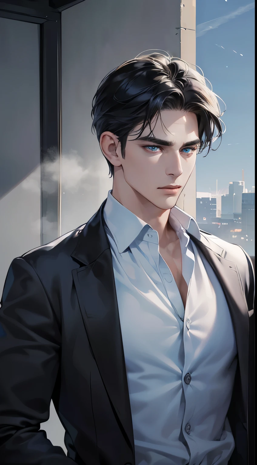 (best quality, masterpiece, 8K, photorealistic, cinematic lighting, 1:4 hdr image, ultra detailed, beautiful image), a mature man, 34 years very handsome, ((cold expression)), short black hair, blue eyes, face perfect without mistakes, ((buttoning his jacket, CEO))