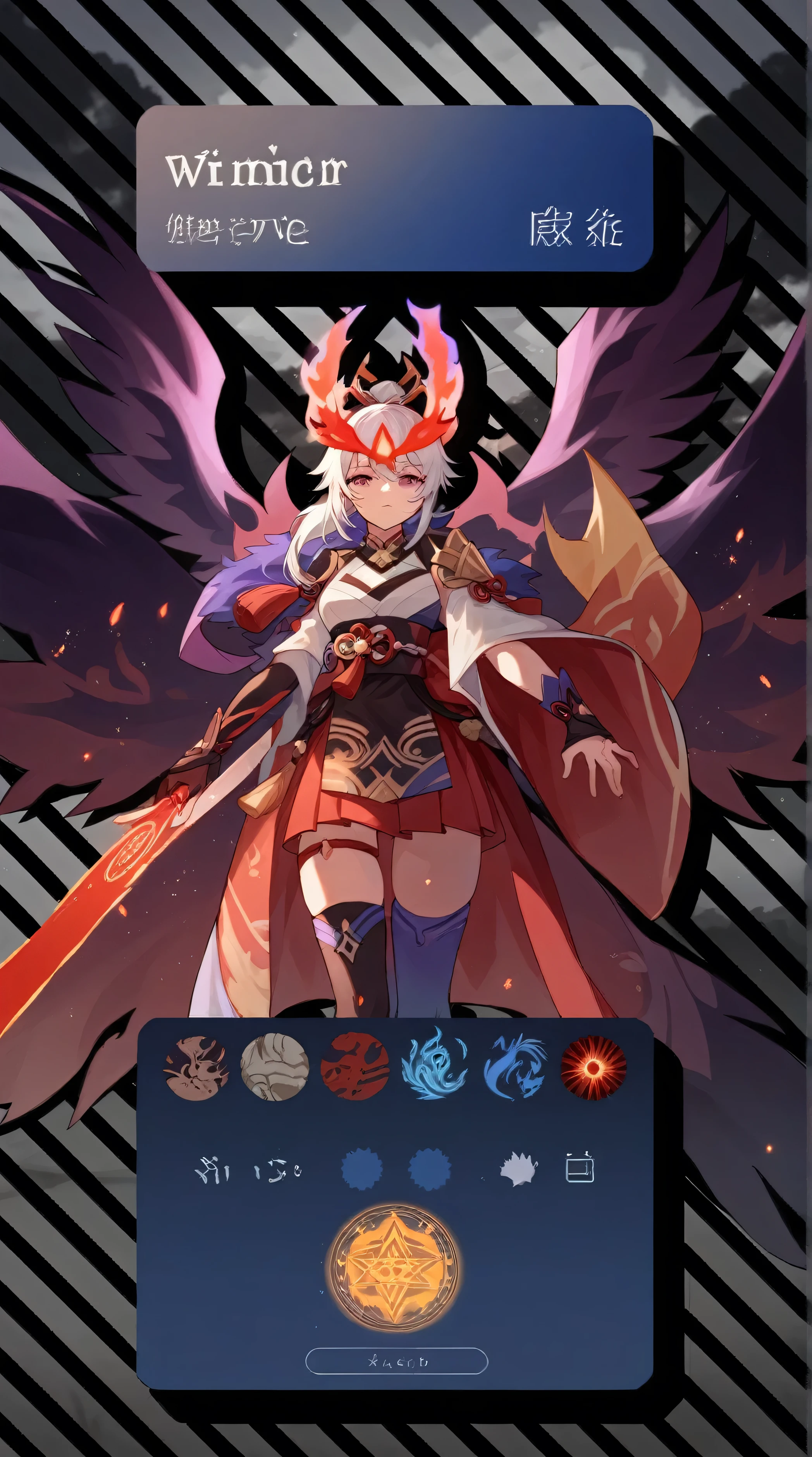 1girl, japanese clothes, ponytail ,white hair, purple eyes, magic circle, blue fire, blue flames, wallpaper, landscape, blood, blood splatter, depth of field, night, light particles, light rays, sidelighting, thighs, fate \(series\), genshin impact, ****, open jacket, skirt, thighhighs, cloud