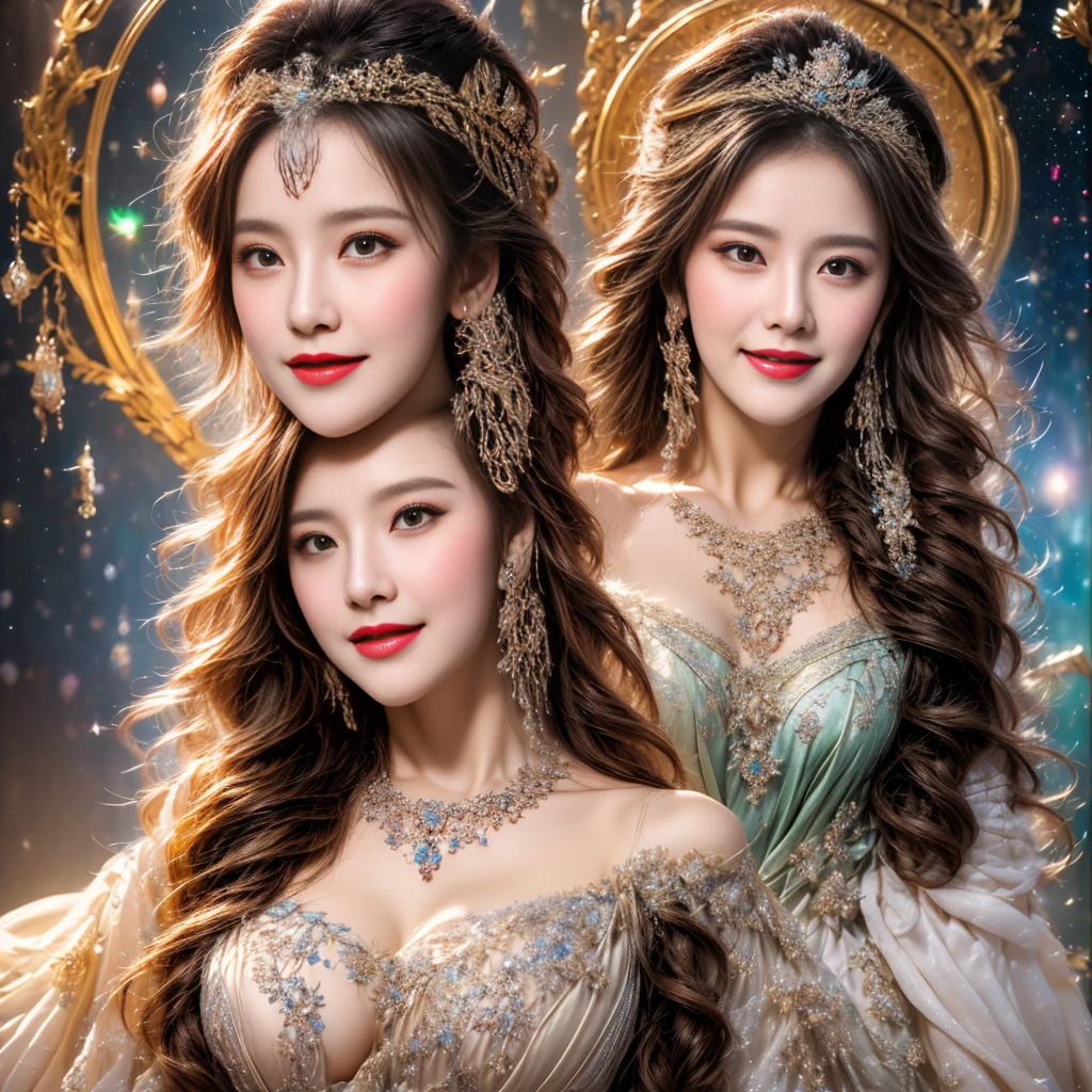 ((highest quality、table top、8K、best image quality、extremely complex and detailed depiction))、(one of the most beautiful princesses:1.1)、big and full breasts、Shining beautiful skin、fair skin,the biggest smile looking at me、(The most fantastic and sparkling cosmic finest dress:1.2)、(The most fantastic sparkling galaxy dress:1.2)、beautiful elegant decoration、Diamond Decoration、The most luxurious and highest quality giant tiara、The most luxurious and highest quality giant necklace、artistic decoration、finest jewelry decoration、The most gorgeous decorations in the world、The most fantastic and mysterious galaxy background、shining galaxy starry sky、the most mysterious cosmic glow、accurate anatomy、voluptuous,goddess,1girl,(make up face:1.1),