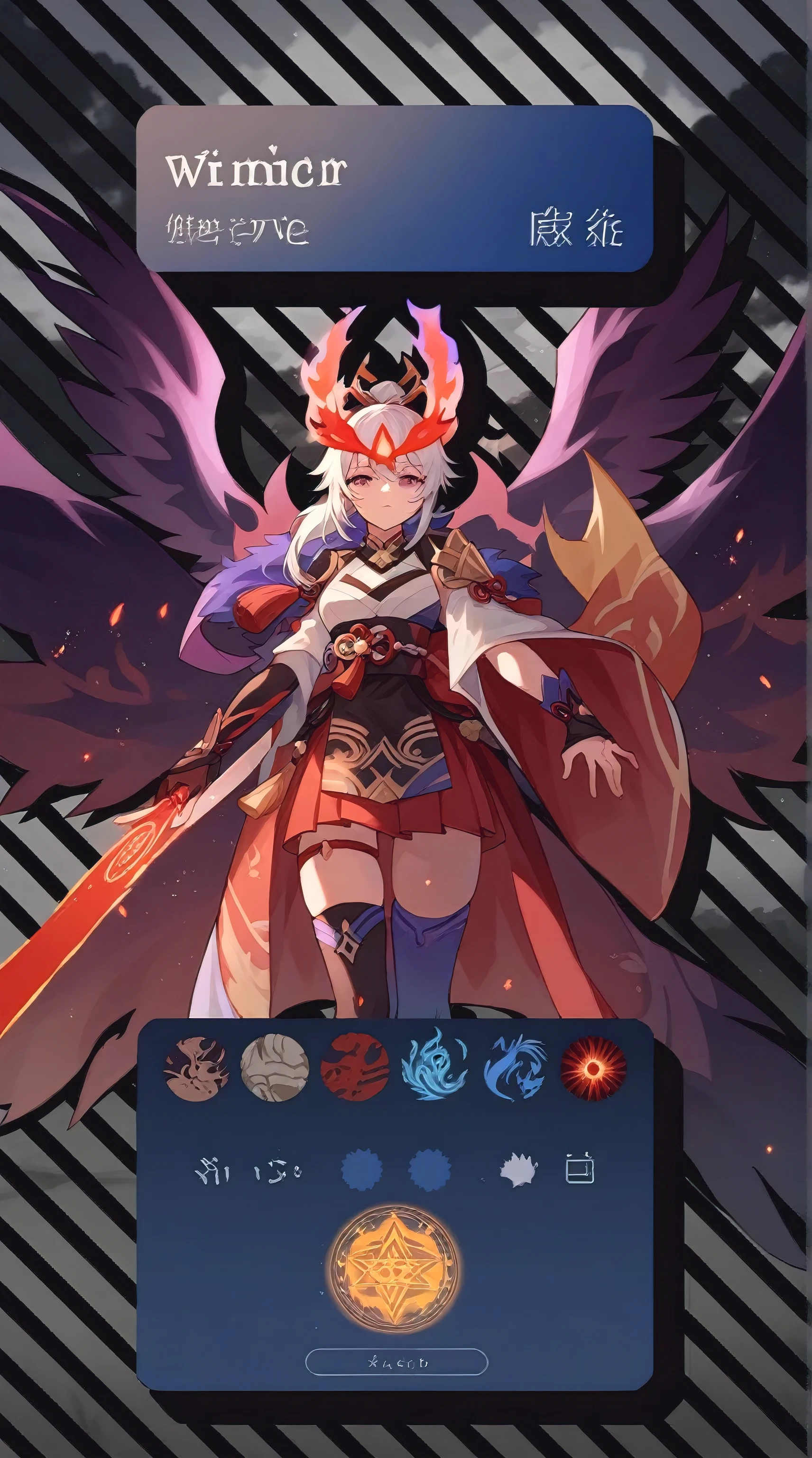 1girl, japanese clothes, ponytail ,white hair, purple eyes, magic circle, blue fire, blue flames, wallpaper, landscape, blood, blood splatter, depth of field, night, light particles, light rays, sidelighting, thighs, fate \(series\), genshin impact, ****, open jacket, skirt, thighhighs, cloud