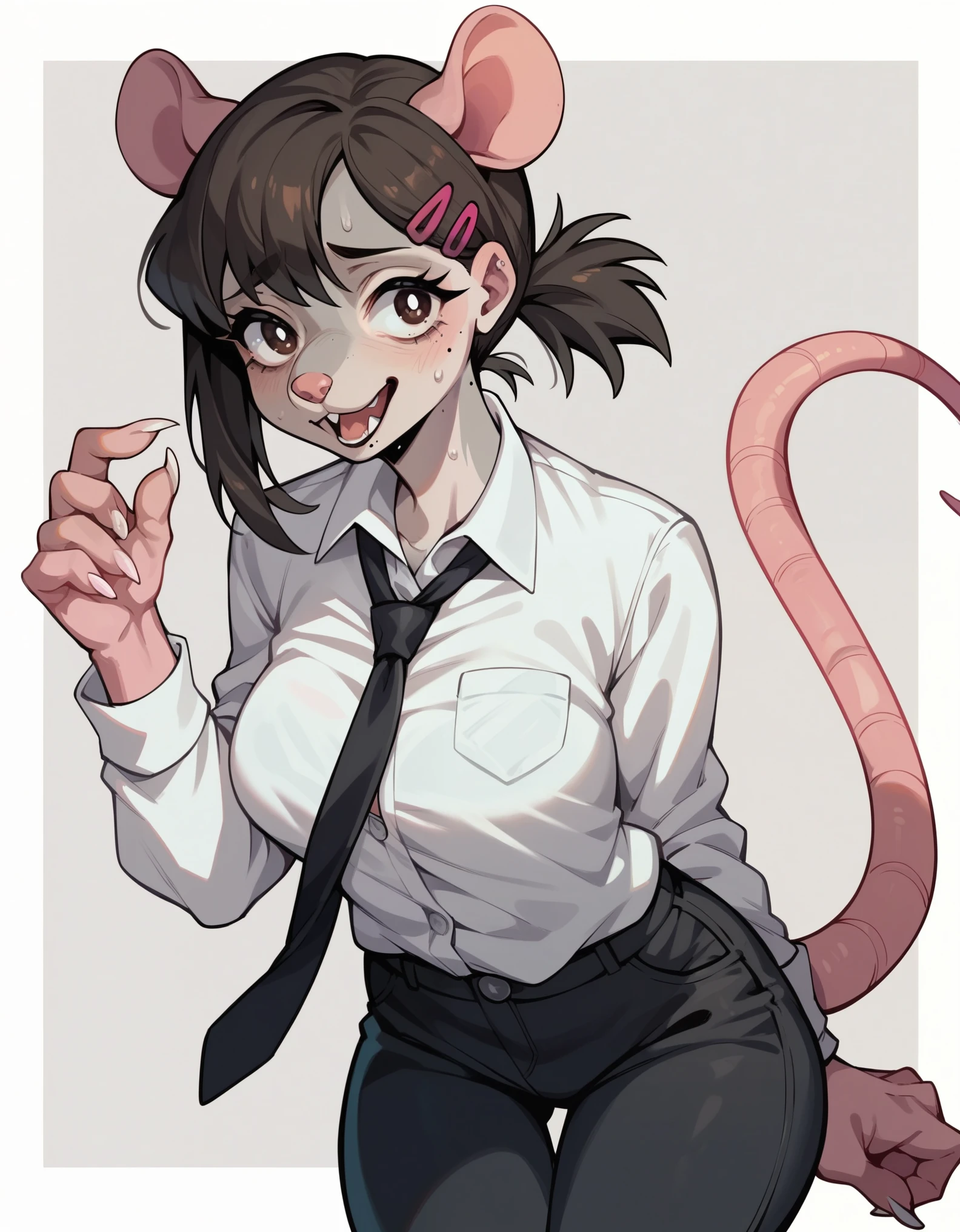 score_9,score_8_up,score_7_up, score_6_up, Anthro, kobeni_higashiyama:.8, she is an Anthro furry grey rat girl, rat snout, grey fur, pink nose, pink rat ears, tail, wearing white shirt, black tie, black pants,