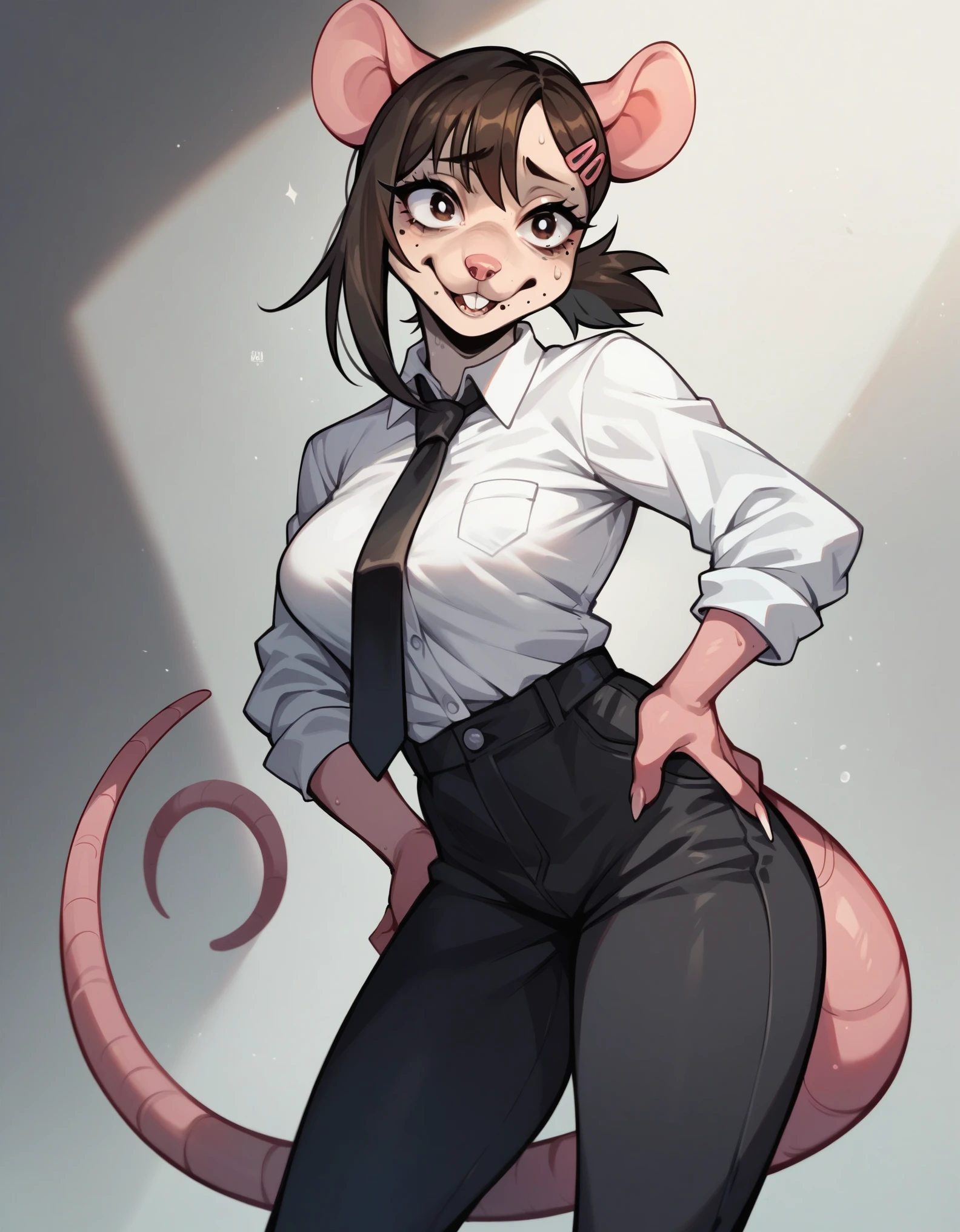 score_9,score_8_up,score_7_up, score_6_up, Anthro, kobeni_higashiyama:.8, she is an Anthro furry grey rat girl, rat snout, grey fur, pink nose, pink rat ears, tail, wearing white shirt, black tie, black pants,