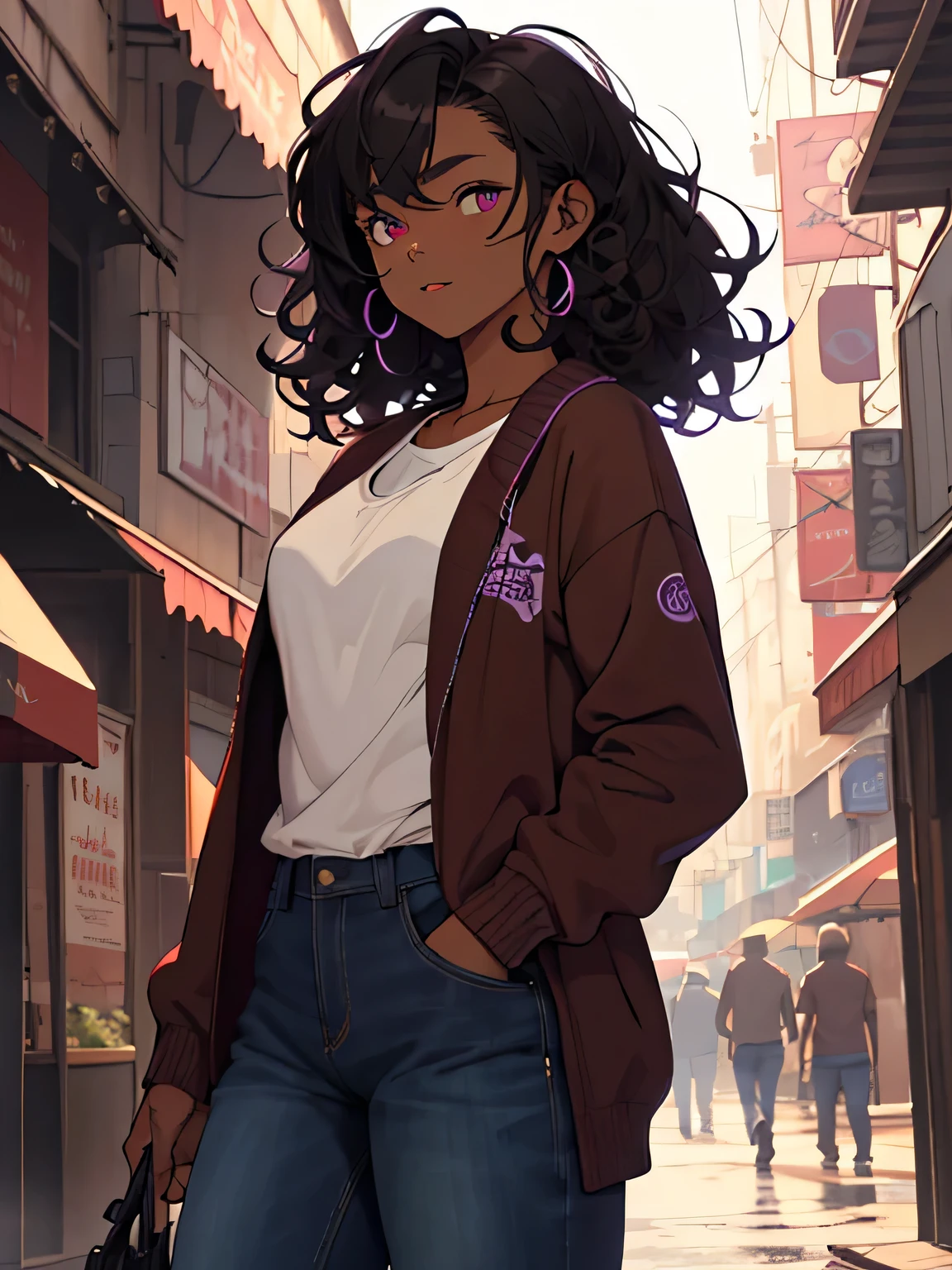 Girl with beautiful teenage appearance,Medium curly black hair, musclegirl, purples eyes, casual outfit, brown skin, cinematic atmosphere