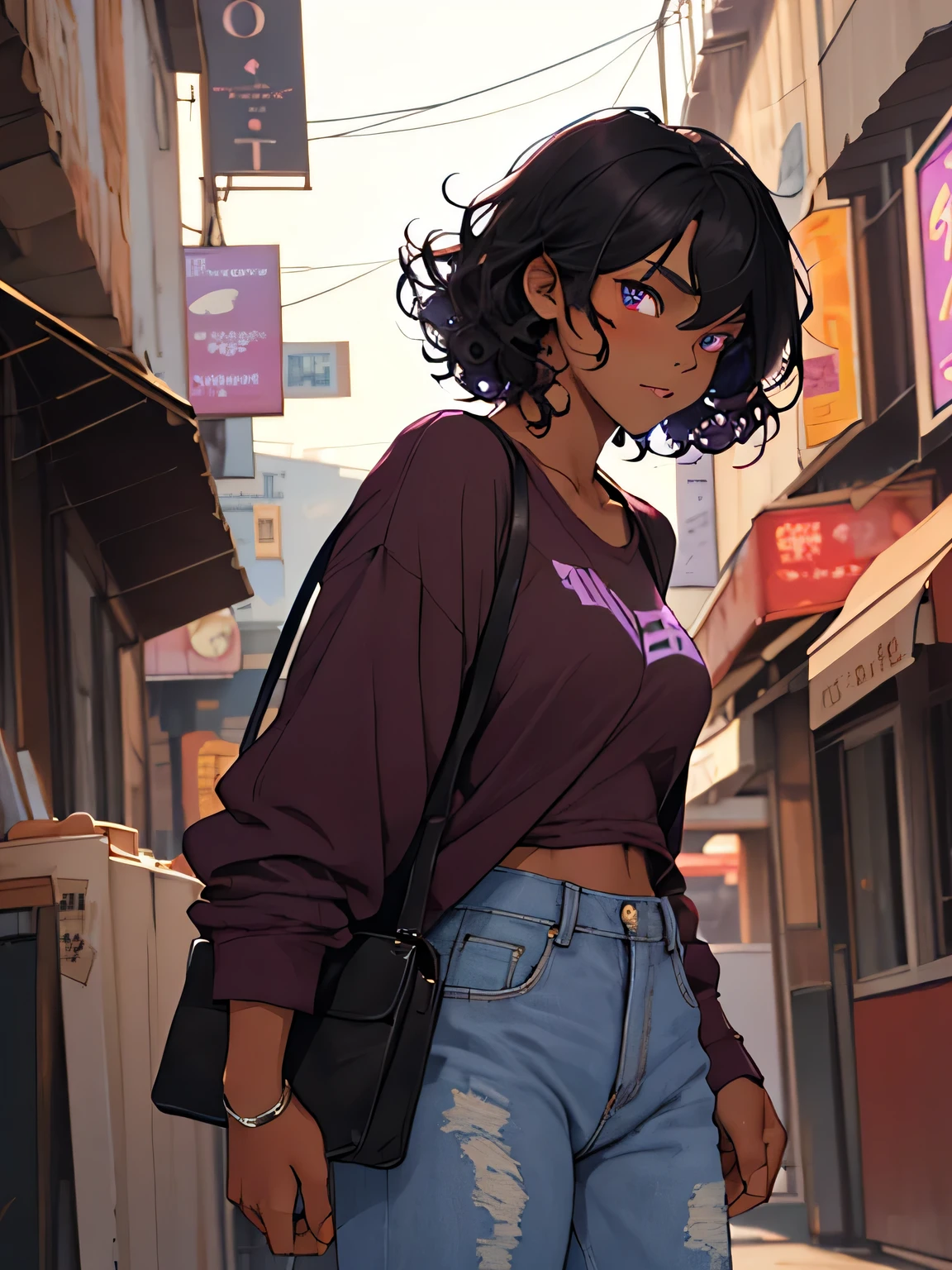 Girl with beautiful age appearance,Medium curly black hair, musclegirl, purples eyes, casual outfit, brown skin, cinematic atmosphere
