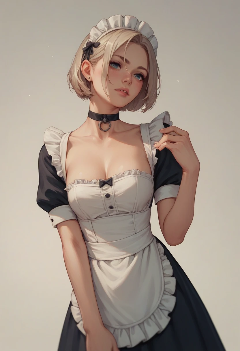 choker, Maid's Headdress, nude、Huge breasts、Staring at a huge penis、surprised、blush、Upper body only、Erect penis、Pregnant women、Handjob