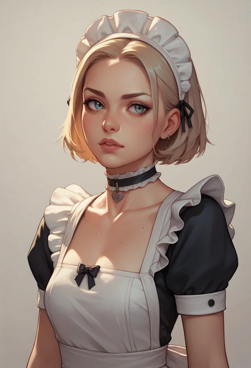 choker, Maid's Headdress, nude、Huge breasts、Staring at a huge penis、surprised、blush、Upper body only、Erect penis、Pregnant women、Handjob