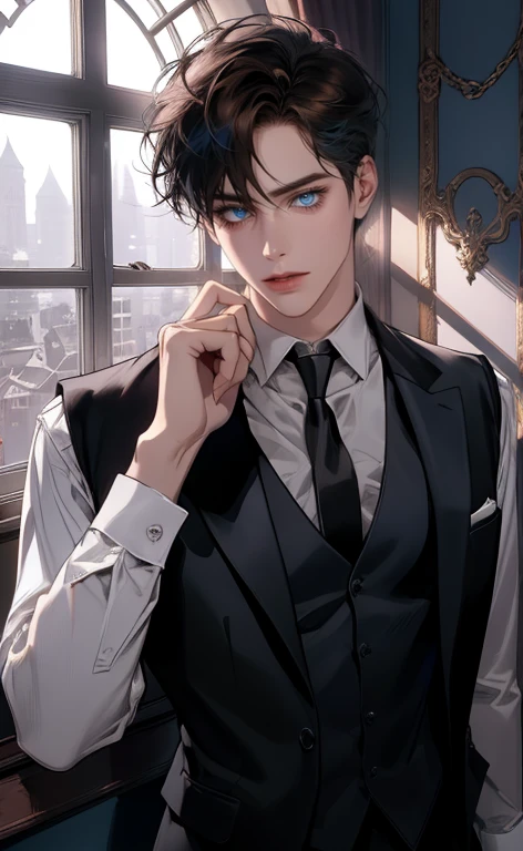 (masterpiece,best quality,ultra_detailed,highres,absurdres, detailed light, detailed shadow),1 ((mature)) male, ((mature face)) 30-ish, (board shoulder), (muscular), male focus, solo, black hair (no highlight), chain, shirt, black necktie, necktie, simple background, blue eyes, full body shot (head to toe), vest, short hair (bangs part in 3:7 ratio), looking at viewer, parted lips, collared shirt, round eyewear, long sleeves, black shirt, he stands next to the window, bedroom background, night time, night light, black vest, monocle, jewelry, dutch angle, detailed background.