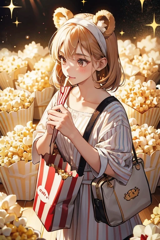 she is a white and red striped bag with a basic face. Popcorn sticks out from the top, along with two brown bear ears. SPARKLE; GLITTER