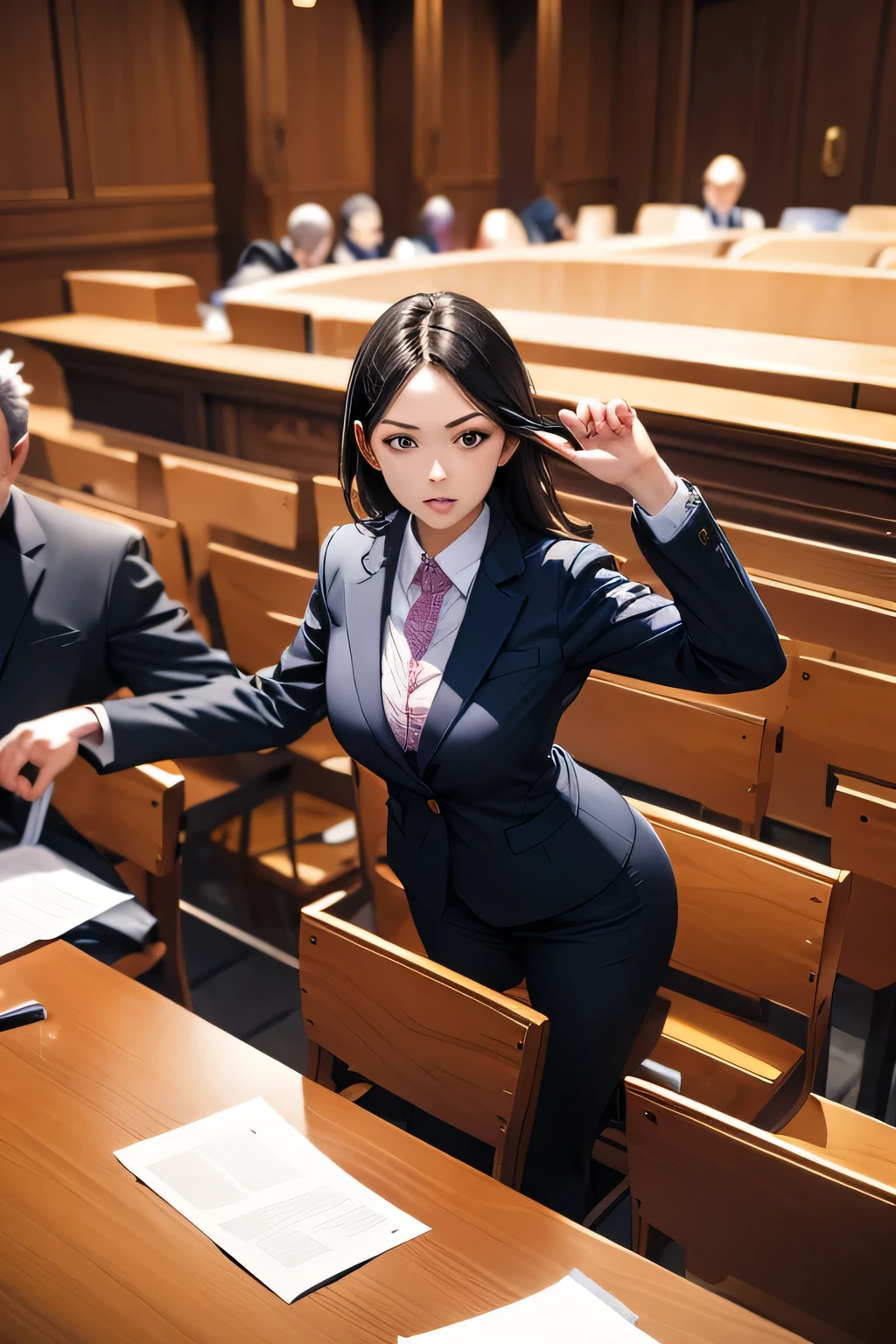 (masterpiece), best quality, (((old man in suit holds nude naked young teen girl))) who has shocked face and and blue eye and breast and nipple and vagina and short brown hair and earring and wristwatch and necklace , classroom setting, luggage in background, crowd of male students in the background, man with tv camera in the background,