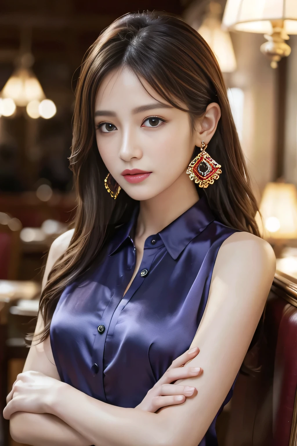 masterpiece, Highest quality, Realistic, Very detailed, Finer details, High resolution, 8k wallpaper, One beautiful woman, Wear a colorful silk shirt, In a great restaurant, At night, Light brown messy hair, Perfect dynamic composition, Beautiful and beautiful eyes、Big earrings、chest、Sleeveless shirt、
