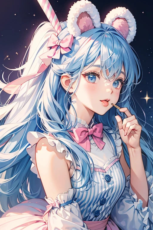 A blue cotton candy girl bear Num with her tongue sticking out. The cotton candy makes her ears. She has a gray and white striped stick on the top of her head adorned with a pink bow SPARKLE; GLITTER