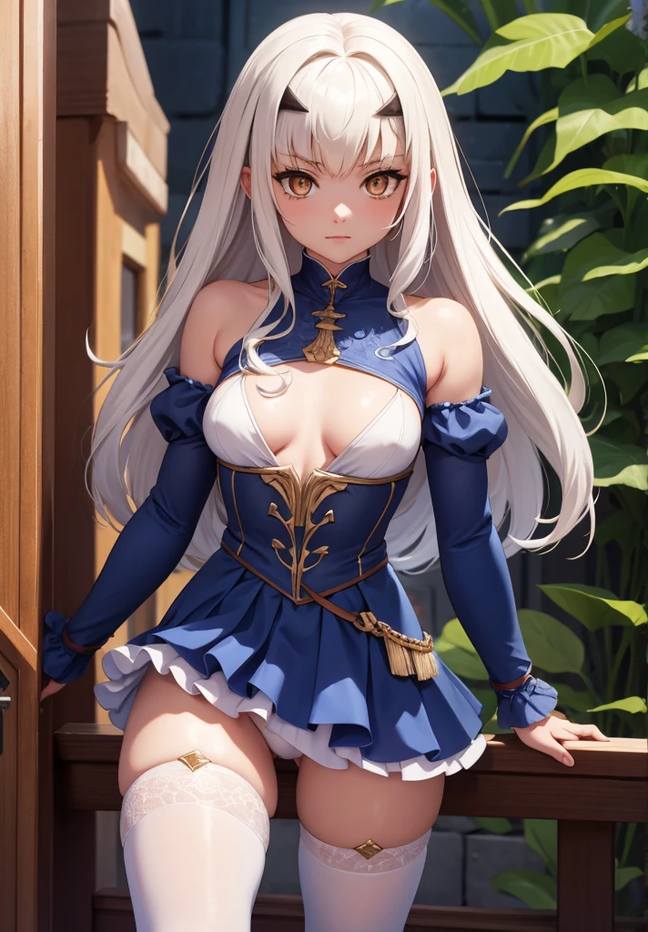melusine, melusine, (brown eyes:1.5), long hair, white hair, sidelocks, (small breast:1.2),
BREAK blue dress, dress, frills, long sleeves, thighhighs, thighs, white thighhighs,
BREAK looking at viewer,
BREAK outdoors,
BREAK (masterpiece:1.2), best quality, high resolution, unity 8k wallpaper, (illustration:0.8), (beautiful detailed eyes:1.6), extremely detailed face, perfect lighting, extremely detailed CG, (perfect hands, perfect anatomy),