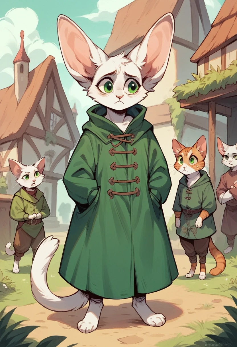 Furry, cat, white fur, green eyes, green jacket, big ears, Middle Ages , looks anxious, fullbody, stands in medieval town 