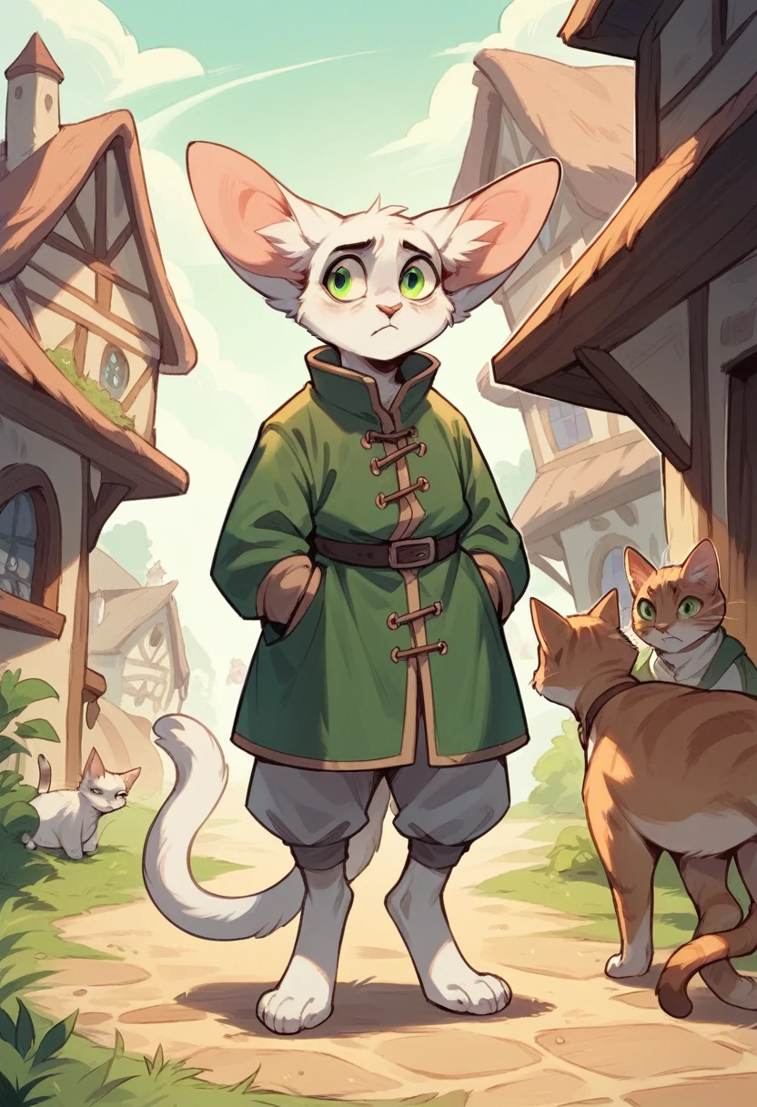 Furry, cat, white fur, green eyes, green jacket, big ears, Middle Ages , looks anxious, fullbody, stands in medieval town
