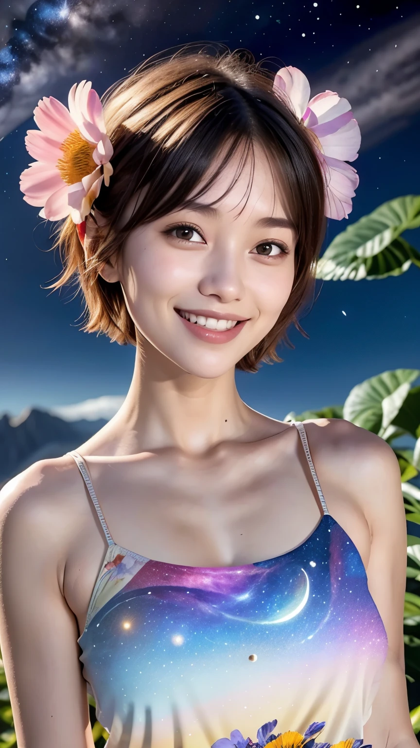 257 20-year-old female, (short hair),(Abstract background,Fractal Art), smile, flower