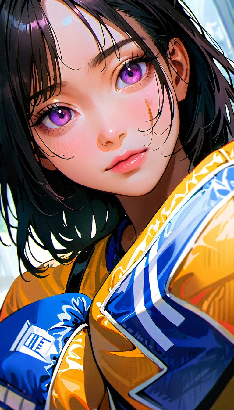 8k, best qualityer, work of art, ultra-high resolution, (真实感: 1.4), OriginalPhoto, (textura de pele realista: 1.3), (film grain: 1.3), (Selfie angle), 1 girl, Beautiful purple eyes and face details,darkskin, work of art, best qualityer, close up, trunk, brown skin, gazing at viewer, Boxing fights, boxing gloves, gold and black boxing sportswear ,mouth guards, Bruises on faces, photo after the fight, darkskin