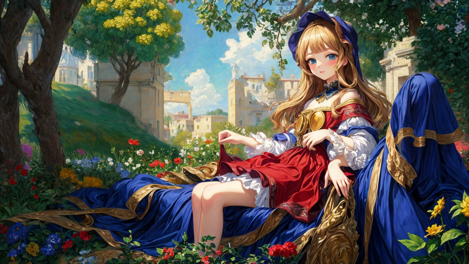 ((masterpiece, best quality, ultra detailed:1.3), official art, 4k:1)
, ((loli:1.2) lustrous skin cute anime 1girl:1.1)
, (Leonardo da Vinci Botticelli detailed drawn characters:1)
, (Vermeer Renoir style detailed clothes:1)
, (Fragonard Mucha Monet style colorful detailed background:1)
, exemplary composition,