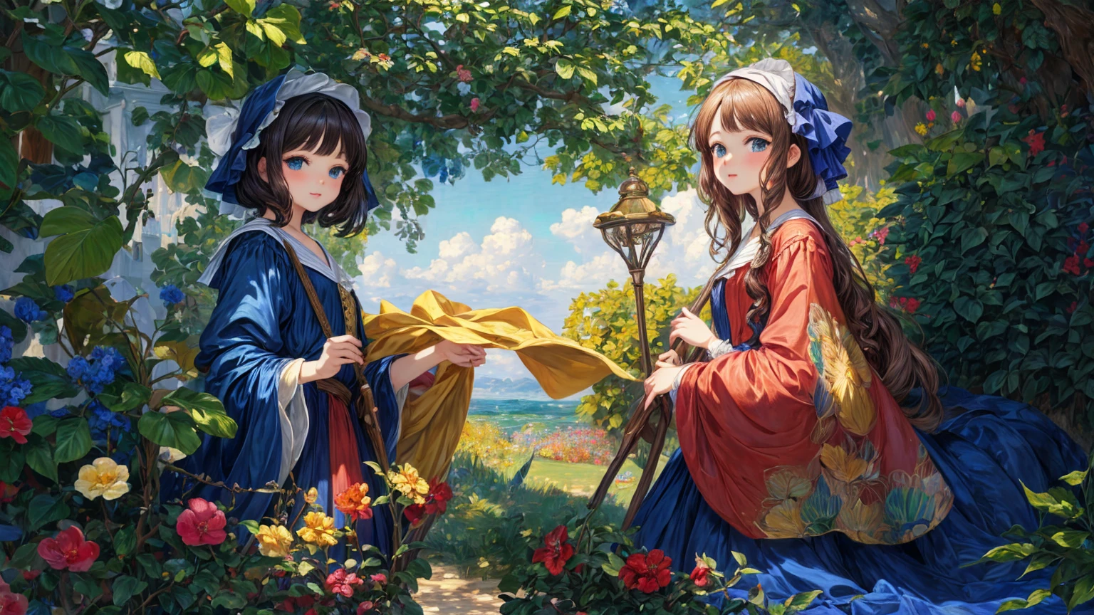 ((masterpiece, best quality, ultra detailed:1.3), official art, 4k:1)
, ((loli:1.2) lustrous skin cute anime 1girl:1.1)
, (Leonardo da Vinci Botticelli detailed drawn characters:1)
, (Vermeer Renoir style detailed clothes:1)
, (Fragonard Mucha Monet style colorful detailed background:1)
, exemplary composition,