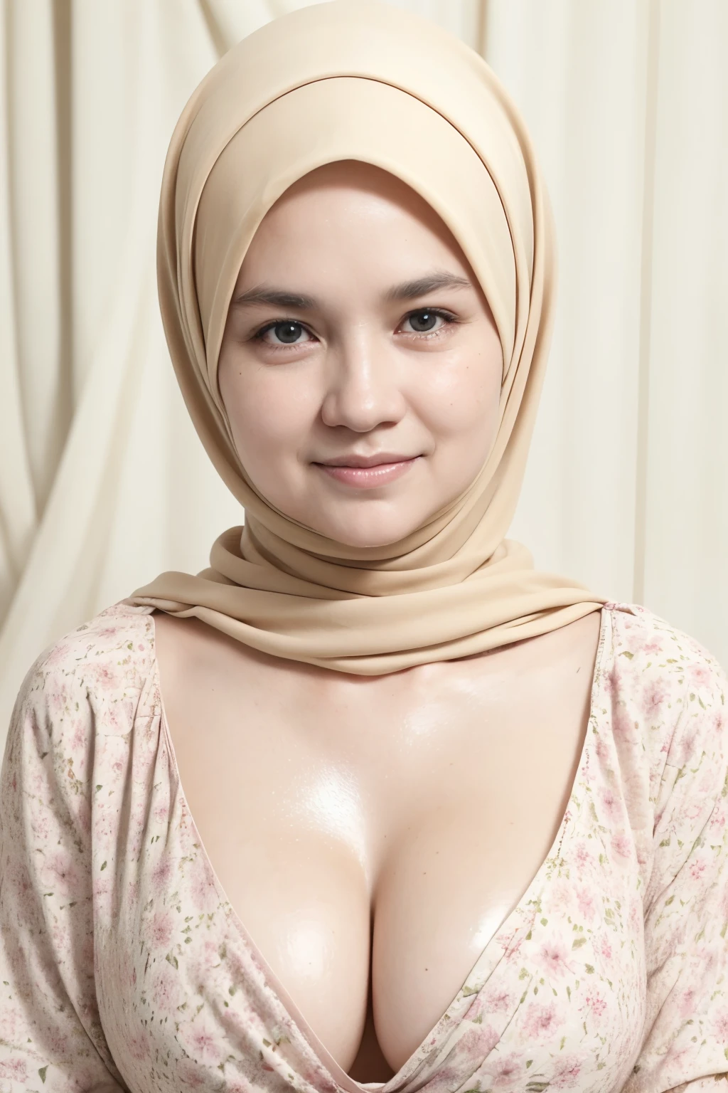 ((Naked Pink)), ((Old Lady :1.5)), (((VERY SHINY SKIN))), Very cute like a Matured Lady, ((Stylish Hijab)), adorable, 1 girl, 55 years old, , shy, half body portrait,smile,  (face details: 1), (eye details: 1), ((round large breasts, cleavage)). Cute posed. proportional body. Ultra High Res. (realistic: 2), UHD, ((SHINY SKIN :1.4)), ((Floral Pattern)).