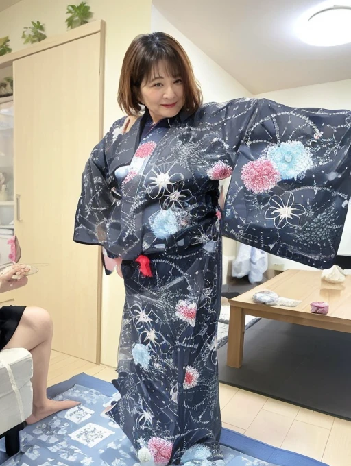 A woman in her 50s trying on a yukata、See-through