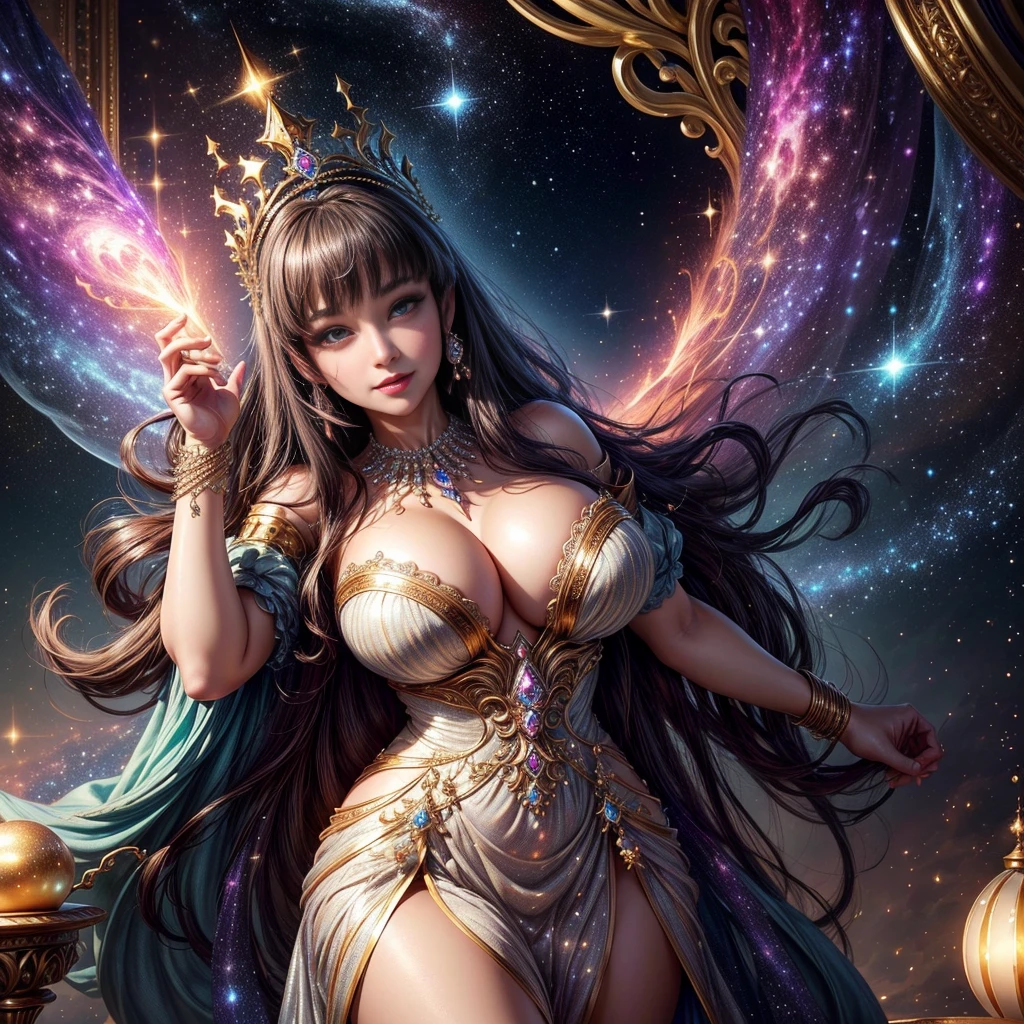 ((highest quality、table top、8K、best image quality、extremely complex and detailed depiction))、(one of the most beautiful princesses:1.1)、big and full breasts、Shining beautiful skin、fair skin,the biggest smile looking at me、(The most fantastic and sparkling cosmic finest dress:1.2)、(The most fantastic sparkling galaxy dress:1.2)、beautiful elegant decoration、Diamond Decoration、The most luxurious and highest quality giant tiara、The most luxurious and highest quality giant necklace、artistic decoration、finest jewelry decoration、The most gorgeous decorations in the world、The most fantastic and mysterious galaxy background、shining galaxy starry sky、the most mysterious cosmic glow、accurate anatomy、voluptuous,goddess,1girl,(make up face:1.1),