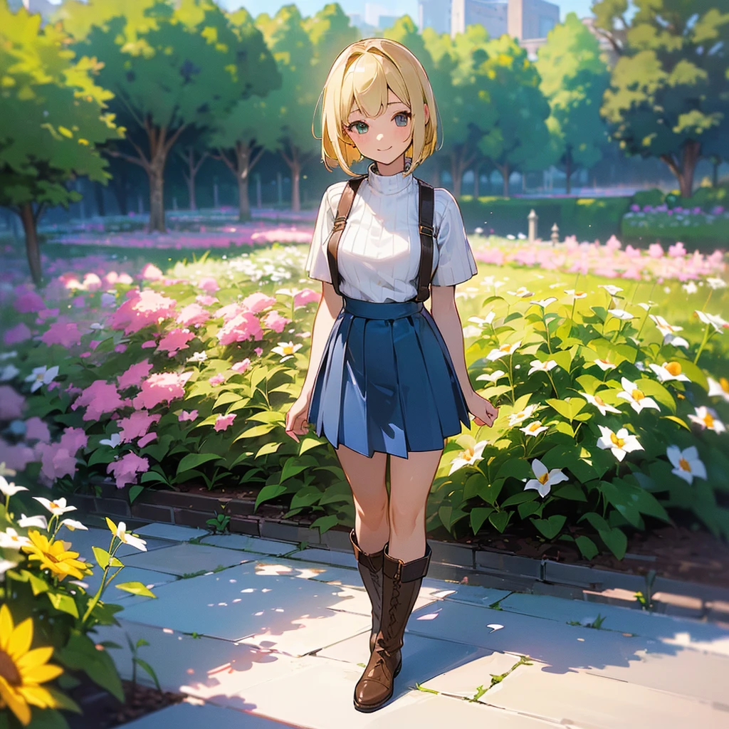 (high quality, High resolution, Very detailed, reality:1.37), Peaceful atmosphere, (Outdoor, garden), age girl standing alone, (my breasts are big.), Beautiful details, Cute Smile, (Blonde Bob Hair), Short sleeve ribbed sweater, Blue Skirt, Black tights, Brown boots.