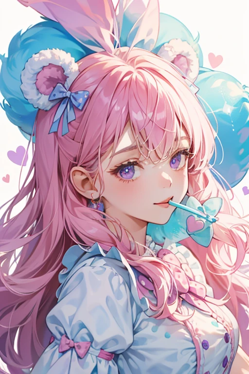 chibi character,Rabbit motif,(brush),((cute,kawaii,wonderland)),((pastel color)),((Cute assortment)),(),((Sweets are scattered:1.3)),Shiny pink hair,(pastel pink),((Angel:1.2)),(Lollipop,Candy:1.25).