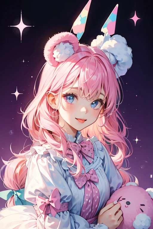 A pile of cotton candy with girl bear ears and her tongue sticking out. The right is pink, left is blue. A white cone sticks out of her head with a purple polka-dot bow. SPARKLE; GLITTER