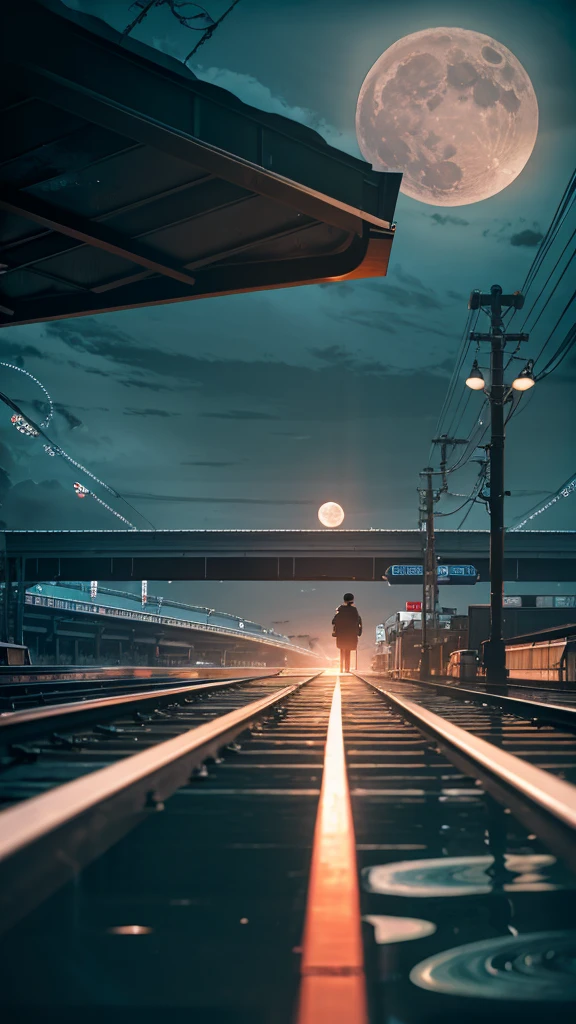 A station platform floating in the flooded sky,Big moon in the morning sky