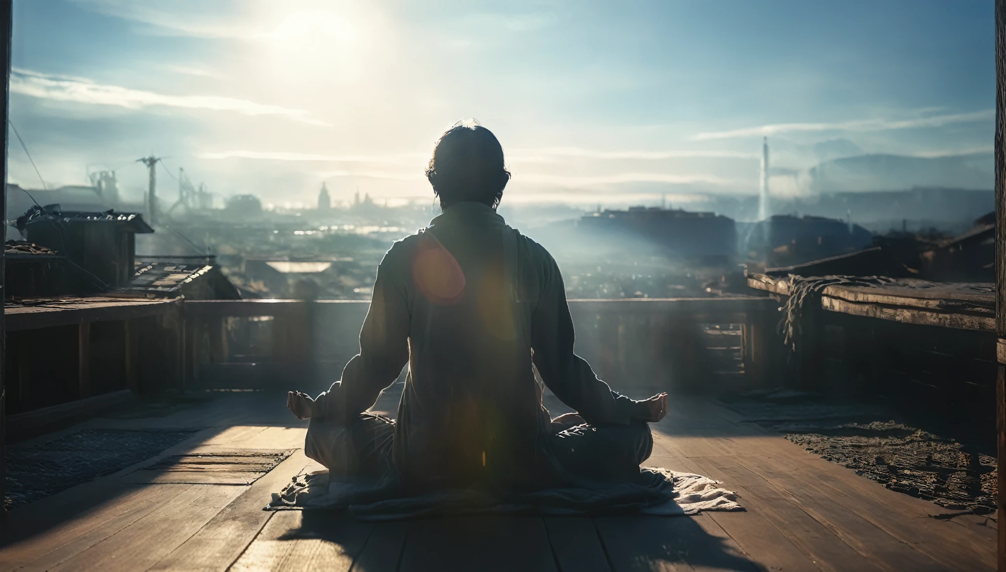 Person meditating on a clear day. Loose Clothes. cinematic lighting
