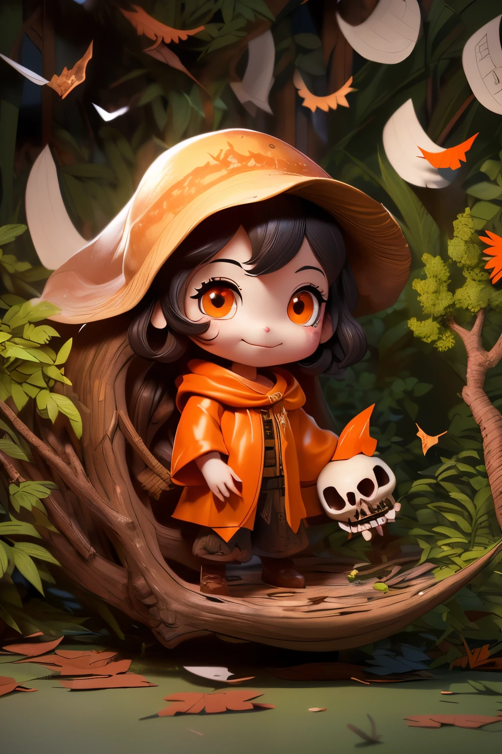 Photorealistic、Cute horror fantasy、Chibi Girl Doll（Devil Cosplay、Wicked Smile、Sagging under the eyes、Long eyebrows、Long nails、Orange eyes、Wear a long, big cloak） BREAK ,background(Musical notes around the doll, (dead tree:1.3), in the forest,shadow　the cardboard\(Bat,Skeleton,Crow\)\)