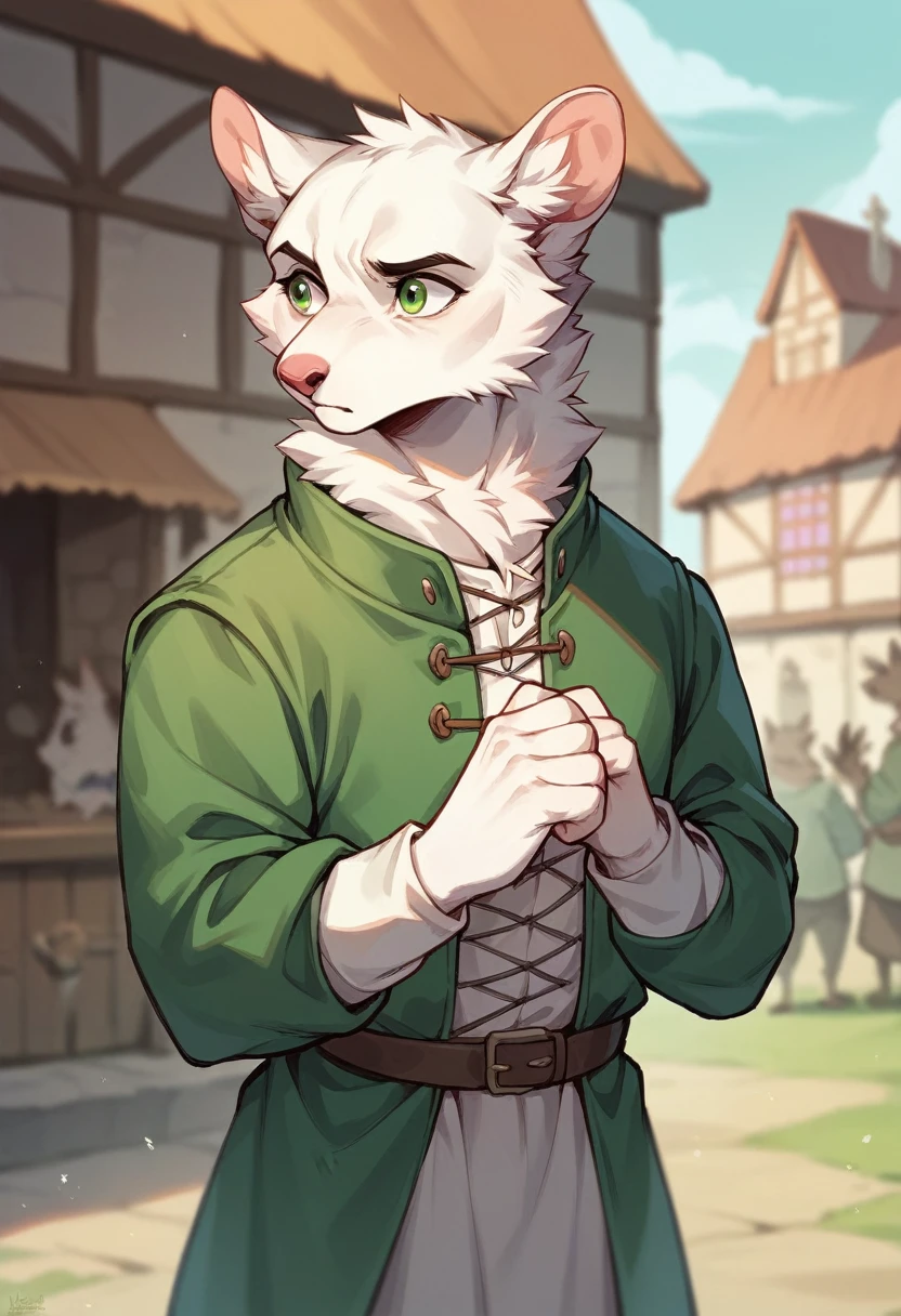 Furry, Karakal, white fur, green eyes, green jacket, Middle Ages , looks anxious, fullbody, stands in medieval town