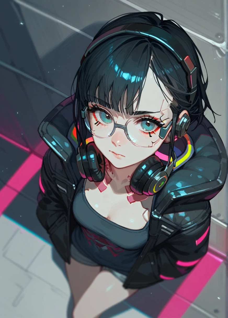 (score_9,score_8_above,score_7_above),1 cyberpunk girl black hair black clothes cyberpunk headphones and glasses