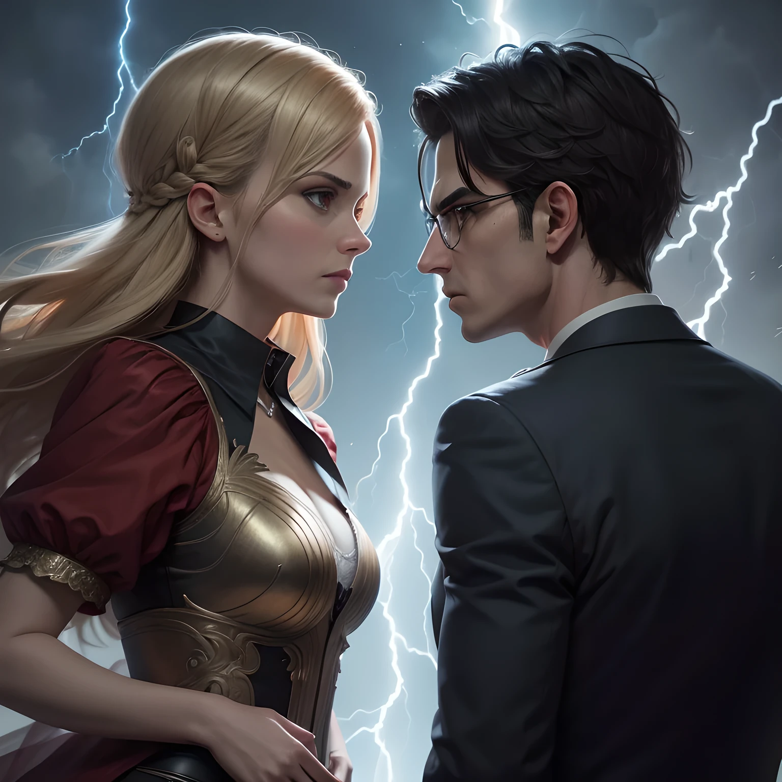best quality, masterpiece, high resolution, detailed, A lawyer and a prosecutor, glare at each other, sparks, lightning, flames,