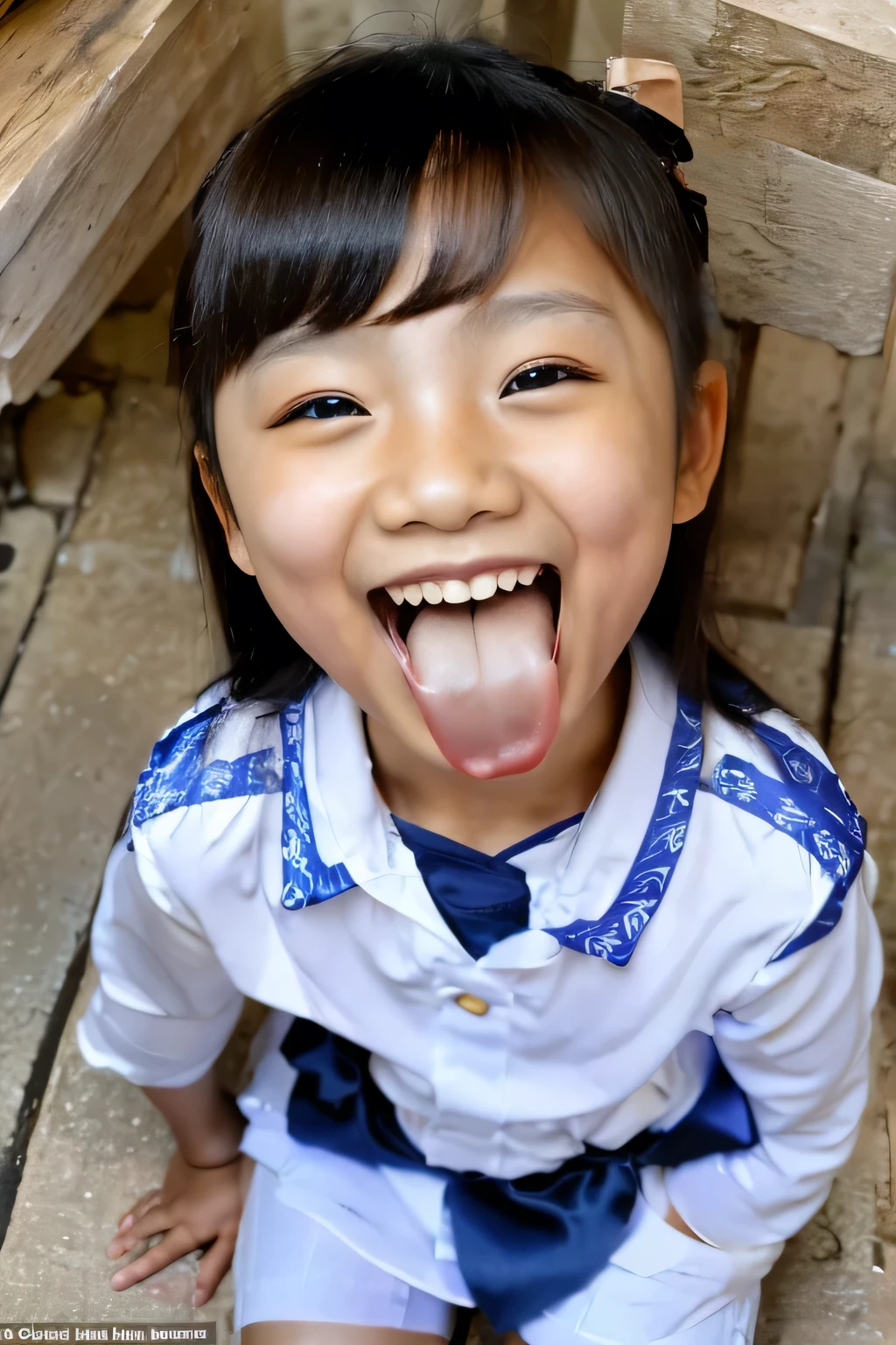 Chinese,8-year-old,,woman,Show only the face,A scary smile,Open your mouth and eyes wide,stick your long tongue out of your mouth