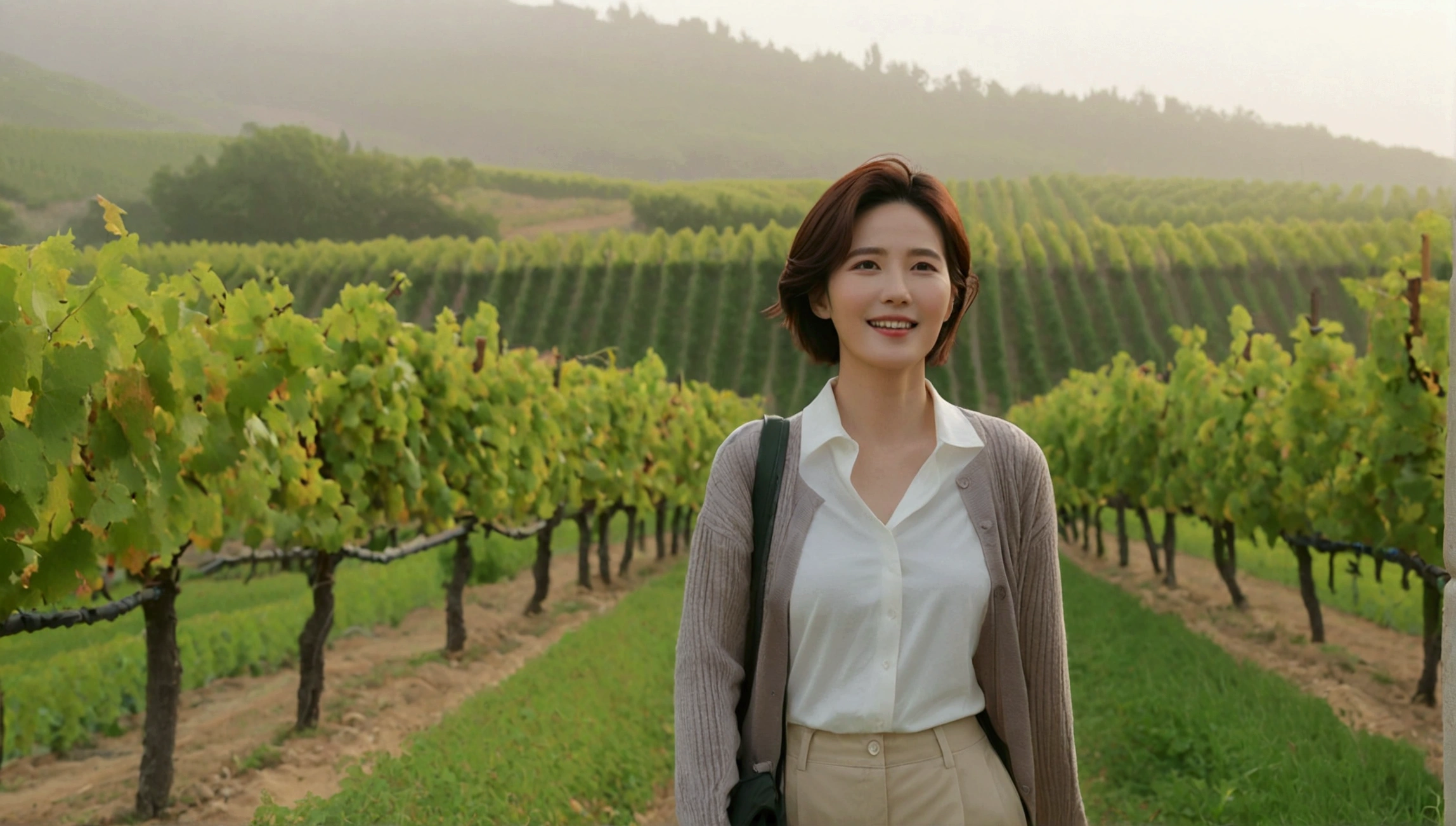 best quality, In 8K, 32K, Photo of a beautiful 36-year-old Korean woman, short medium hair, Inspired by Son Ye-jin, whole body, face focus, Shirt that goes up to the neck and a short cardigan from a luxury brand, beige casual pants, Italian countryside vineyard background, Ranged、make a happy face, 새벽 진한 한개속 The cathedral is visible in the distance, There is thick fog, path, looking up the side, Wear a shirt that covers your chest, The cathedral is visible in the distance, Photo of endless vineyard scenery, look up the side. thick dawn fog, Well-groomed hair, Photo of an elegant and modest woman, Endless vineyards, Vivid picture quality, Clear picture quality, The cathedral is visible in the distance. 언덕 위 path, 1 woman, colonnade가 있는 휘어진 path 언덕에서 바라본다. colonnade, The waist area is visible. 휘어진 path에 서있다